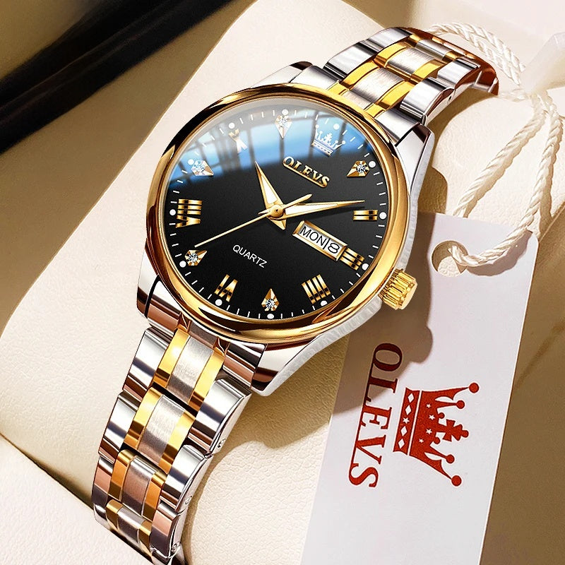 Women's 29mm Day-Date Stainless Steel Quartz Watch — Silver & Gold Tone / Black Dial