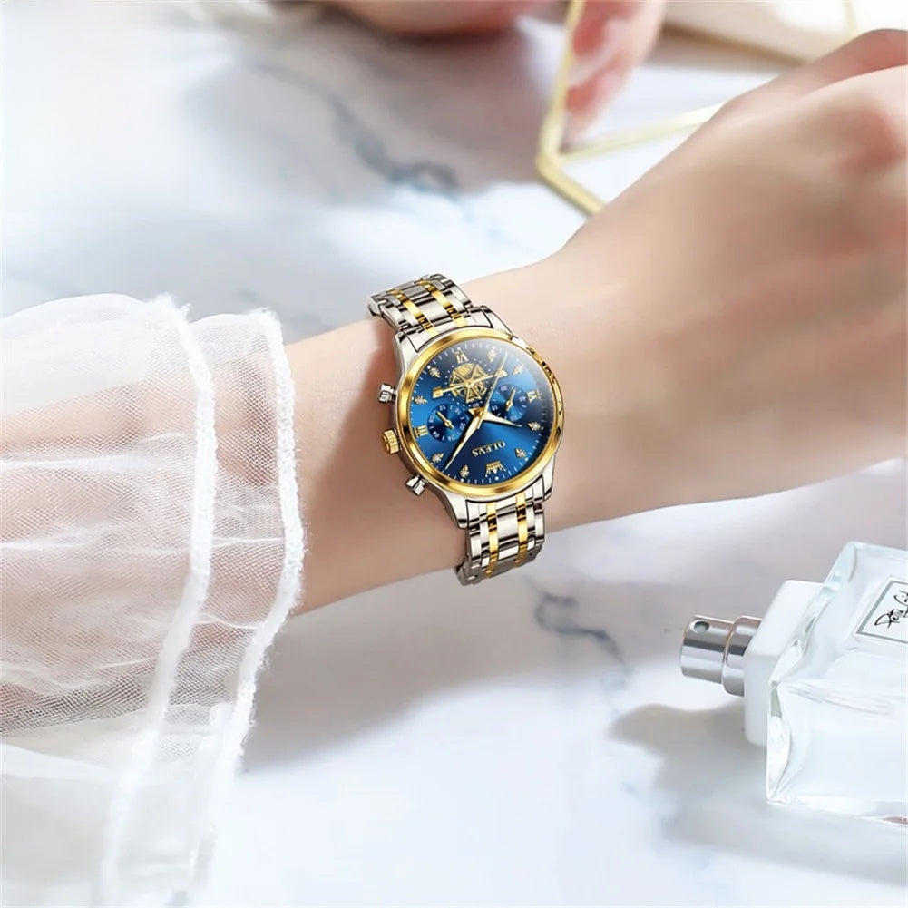 Women's Multifunction Steel Quartz Bracelet Watch — Blue dial watch worn on wrist — BandsCo Straps