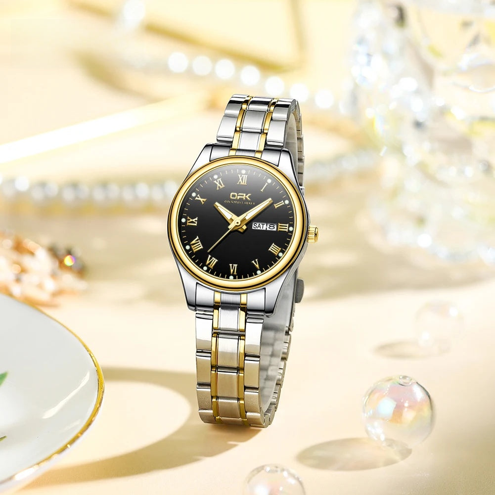 Women's Roman Dial Steel Day-Date Watch — Two-tone black dial watch — BandsCo Straps