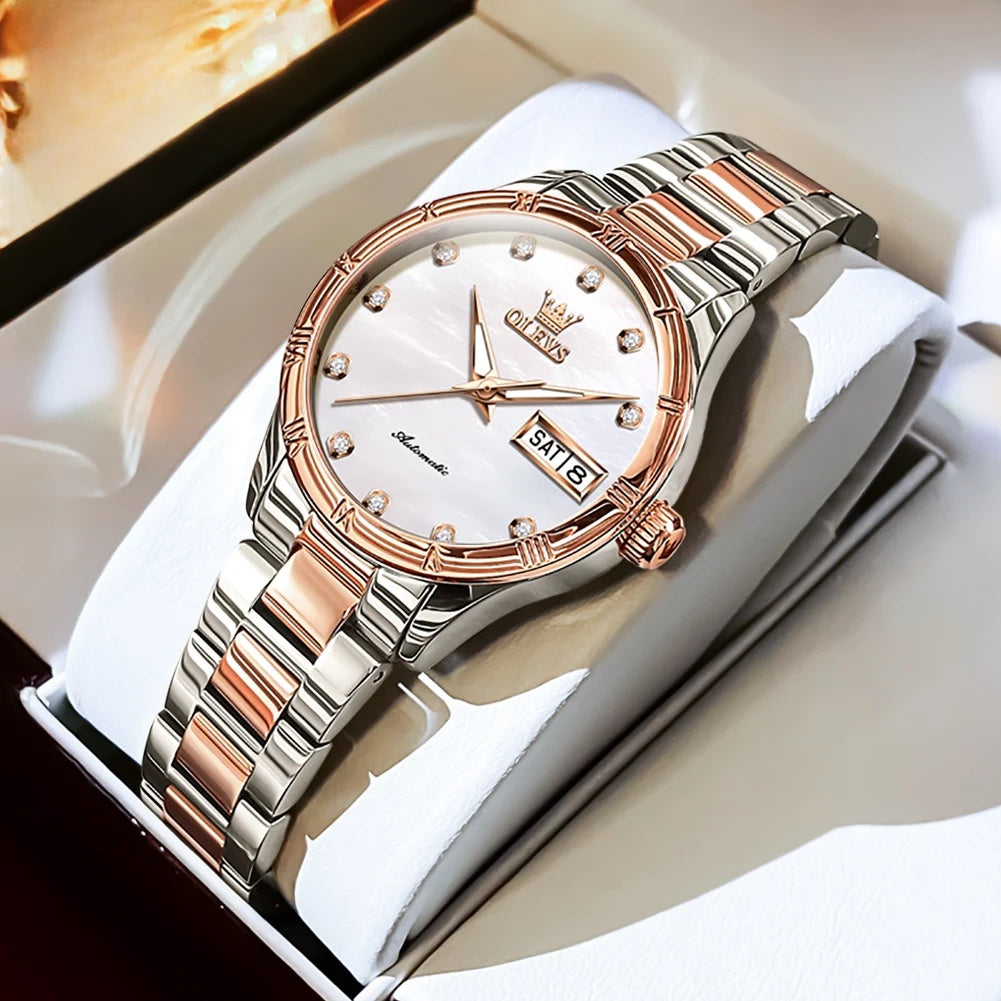 Women's Automatic Pearl-Effect Day-Date Watch — Rose gold and silver-tone automatic watch — BandsCo Straps