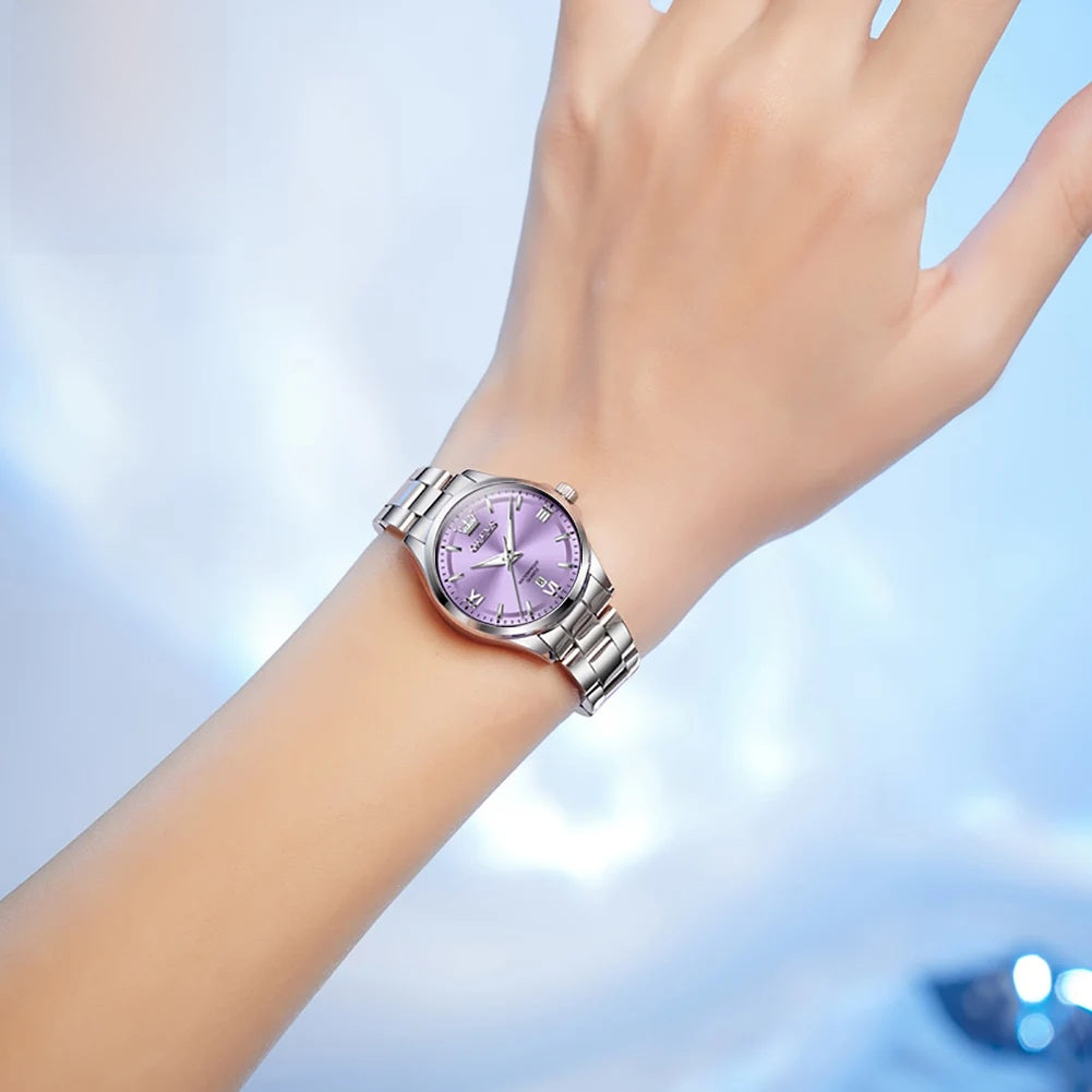 Women's 30mm Roman Numeral Quartz Bracelet Watch — Lavender dial watch worn on wrist