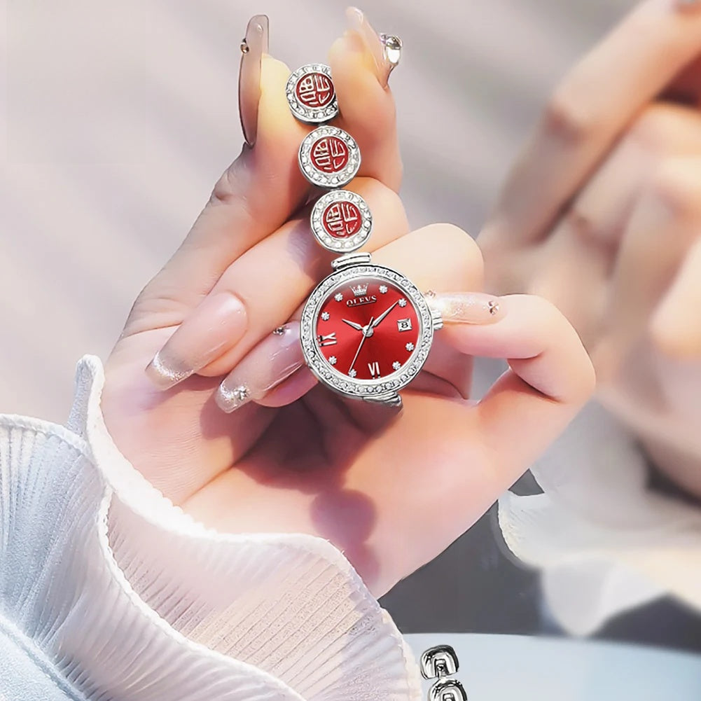 Women's Medallion Bracelet Crystal Quartz Watch — Silver Tone / Red Dial — BandsCo Straps
