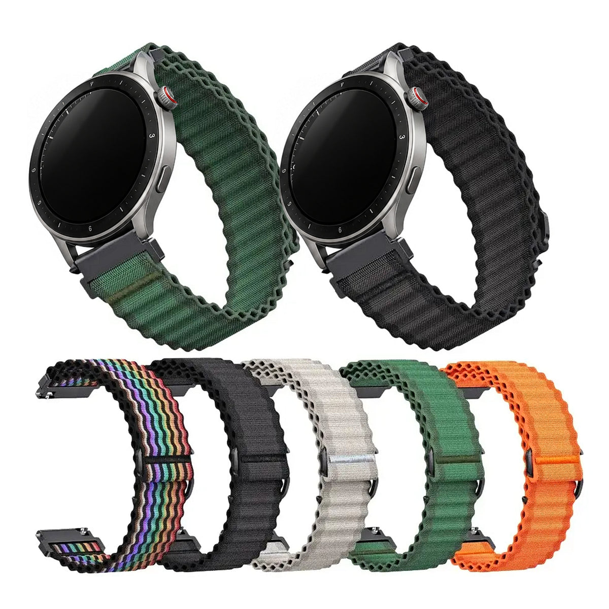 Amazfit compatible Ribbed nylon loop band with wavy edges and Amazfit watches with powered-off screens