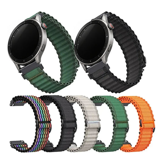 Amazfit compatible Ribbed nylon loop band with wavy edges and Amazfit watches with powered-off screens