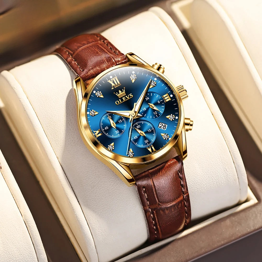 Women's Multifunction Leather Quartz Watch — Gold Tone / Blue Dial — BandsCo Straps