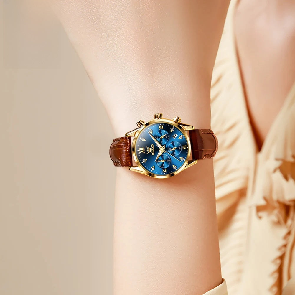 Women's Multifunction Leather Quartz Watch — Blue dial leather watch worn on wrist — BandsCo Straps
