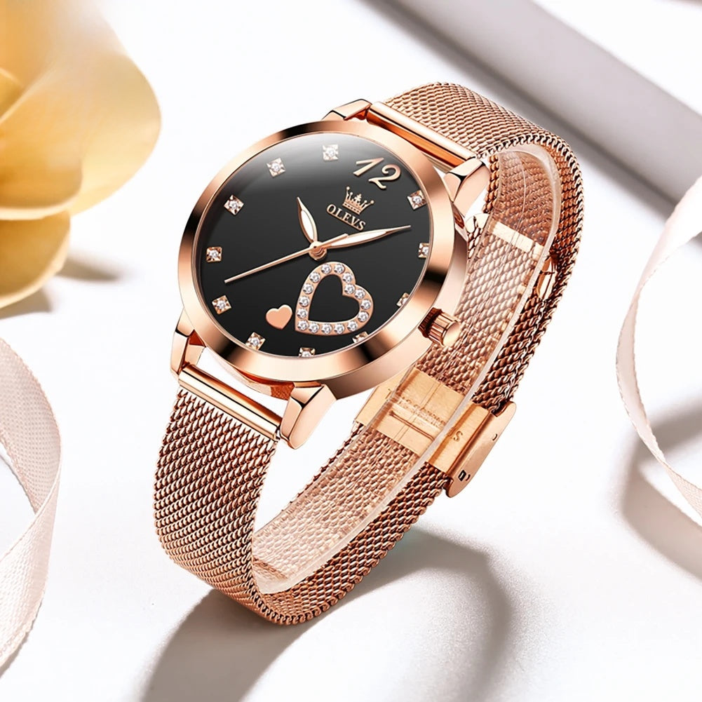 Women's Crystal Heart Mesh Quartz Watch — Black — BandsCo Straps