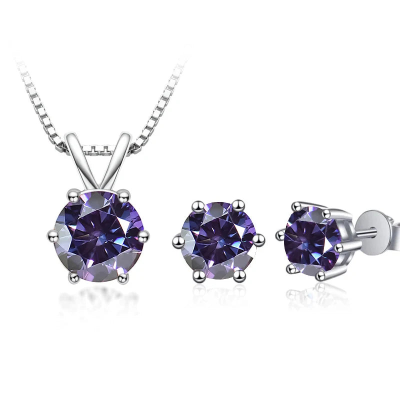 Round Moissanite Necklace & Stud Earring Set in Silver - Violet set