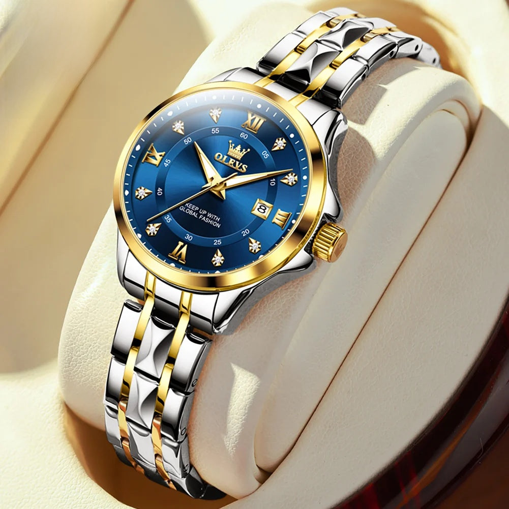 Women's 30mm Bracelet Watch with Date — Silver & Gold Tone / Blue Dial