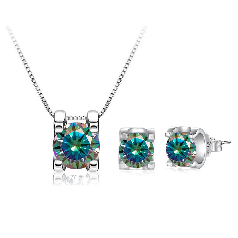 Colored Moissanite Necklace & Stud Earring Set in Silver — Rainbow set