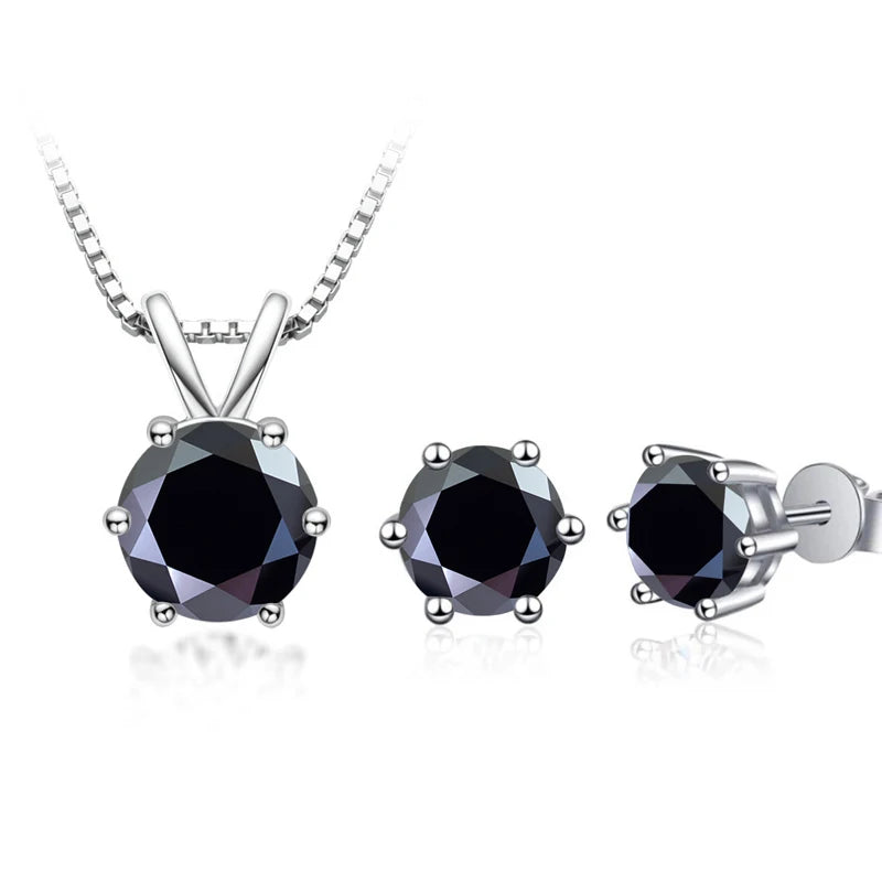Round Moissanite Necklace & Stud Earring Set in Silver - Black set