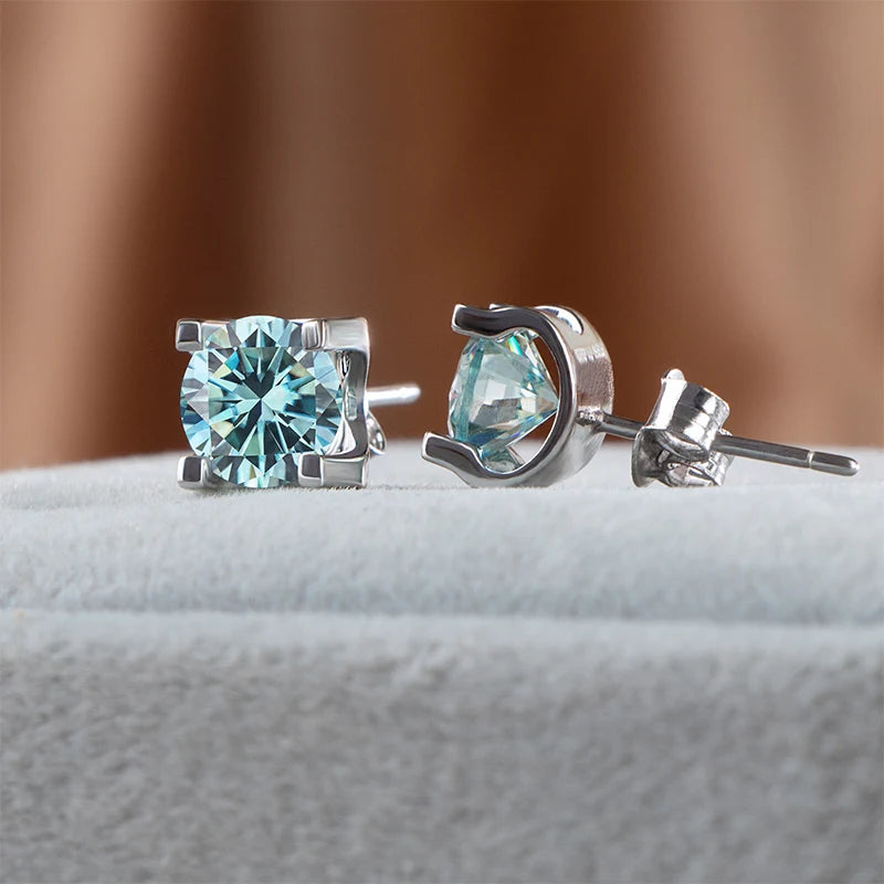 Colored Moissanite Necklace & Stud Earring Set in Silver — Blue stud post and basket