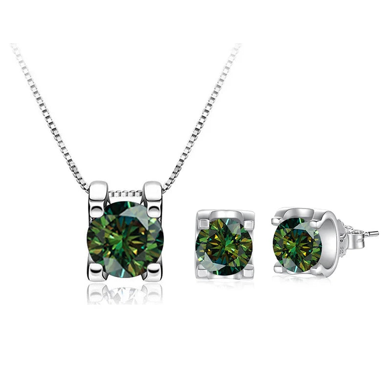 Colored Moissanite Necklace & Stud Earring Set in Silver — Dark green set