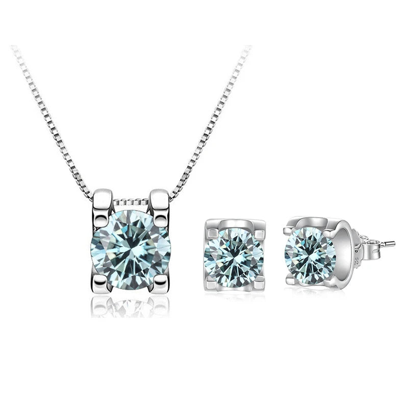 Colored Moissanite Necklace & Stud Earring Set in Silver — Blue set