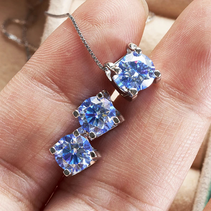 Colored Moissanite Necklace & Stud Earring Set in Silver — Blue set on hand