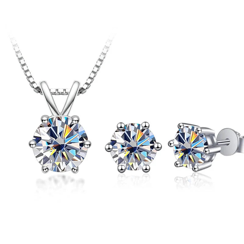 Round Moissanite Necklace & Stud Earring Set in Silver - White set