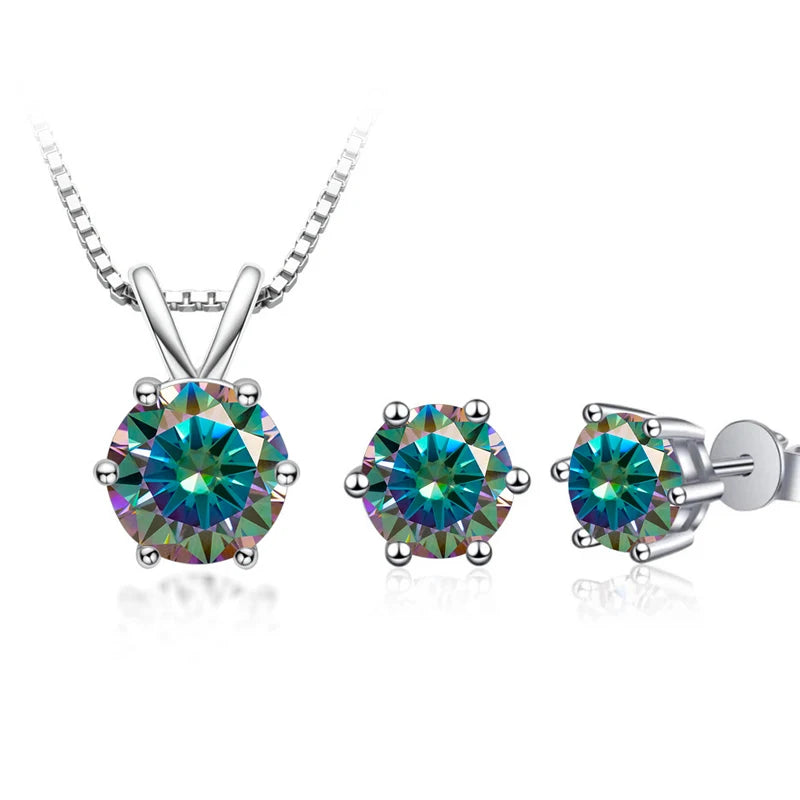 Round Moissanite Necklace & Stud Earring Set in Silver - Rainbow set