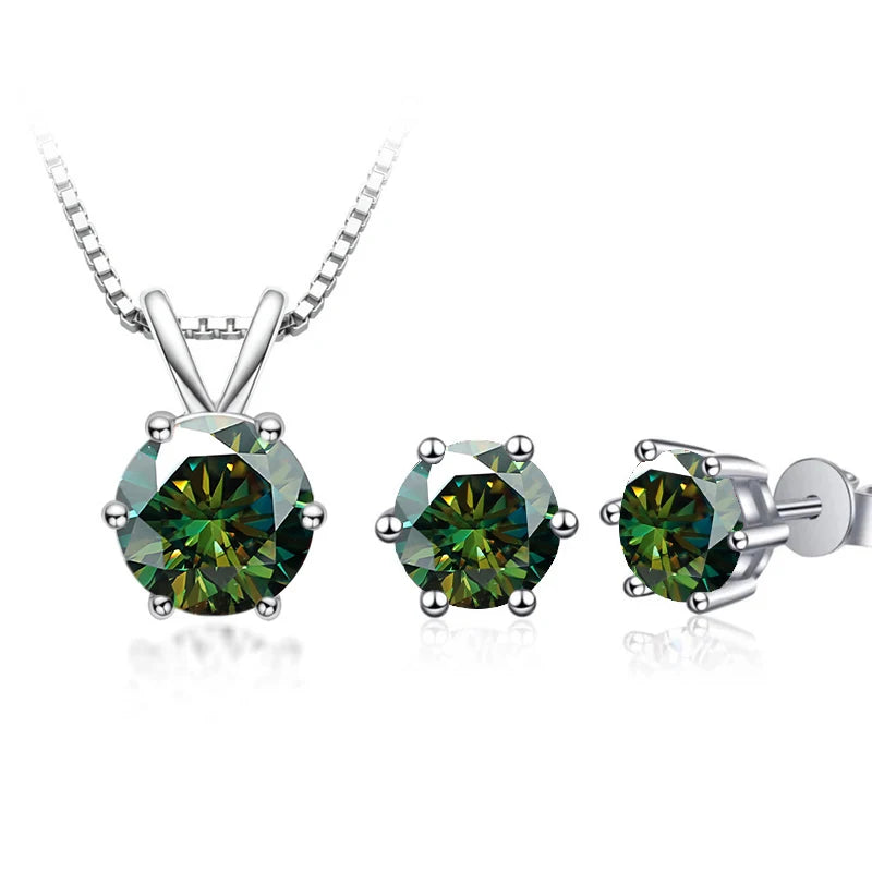 Round Moissanite Necklace & Stud Earring Set in Silver - Dark green set