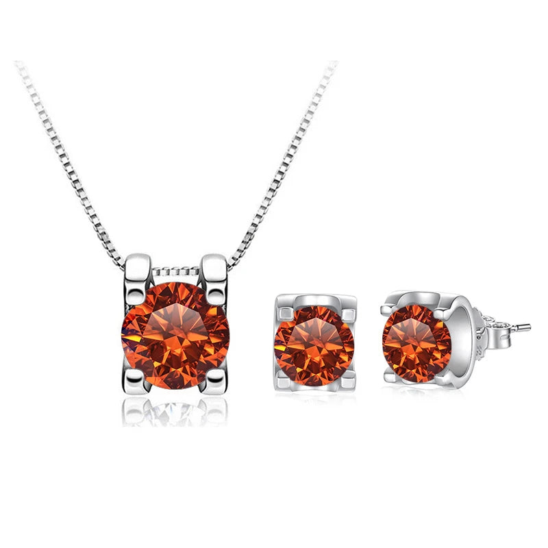 Colored Moissanite Necklace & Stud Earring Set in Silver — Orange set