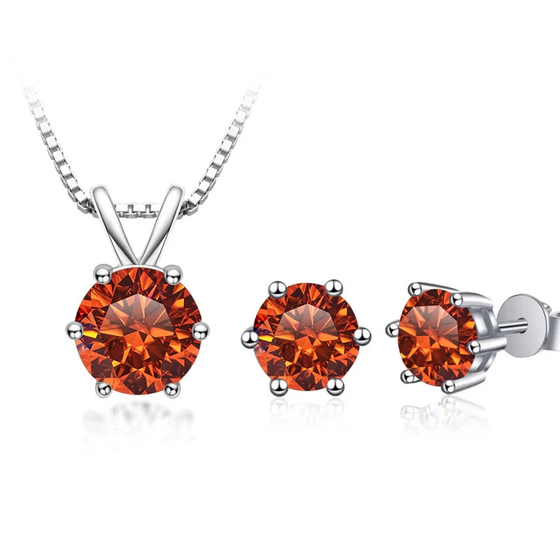 Round Moissanite Necklace & Stud Earring Set in Silver - Orange set