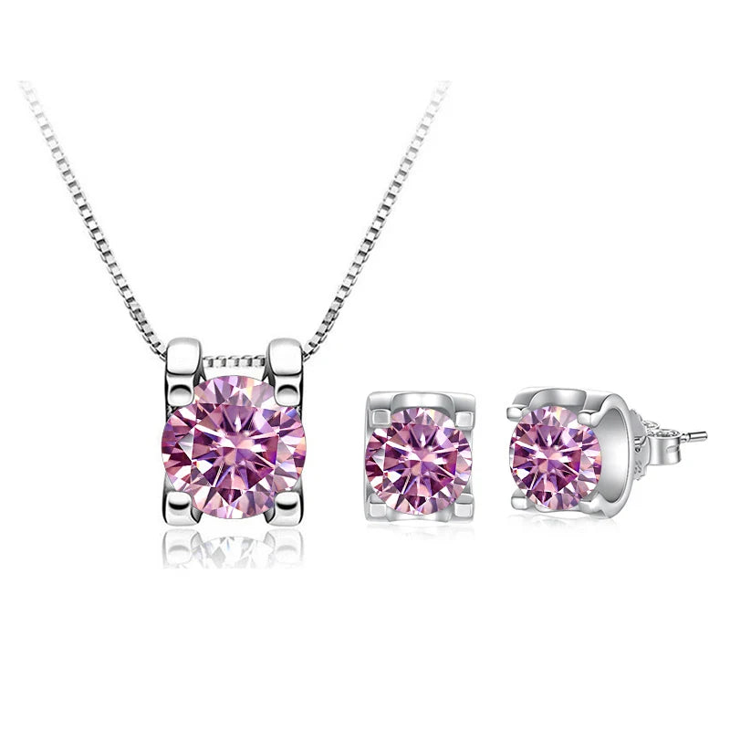 Colored Moissanite Necklace & Stud Earring Set in Silver — Pink set