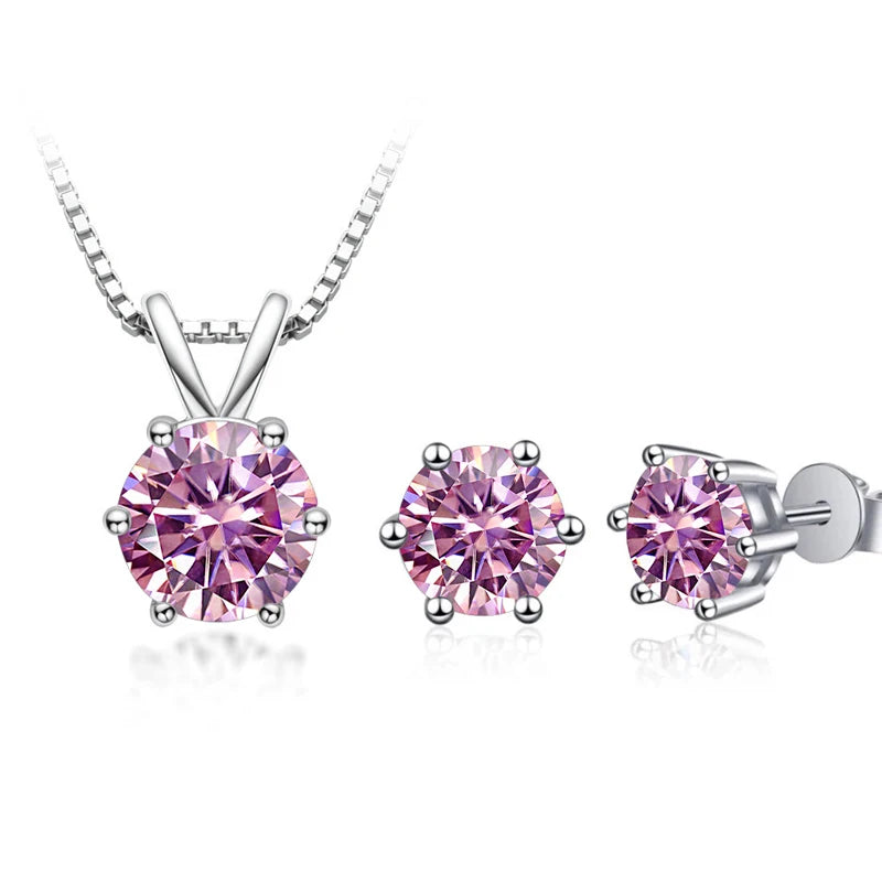 Round Moissanite Necklace & Stud Earring Set in Silver - Pink set