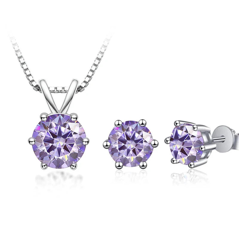 Round Moissanite Necklace & Stud Earring Set in Silver - Light purple set