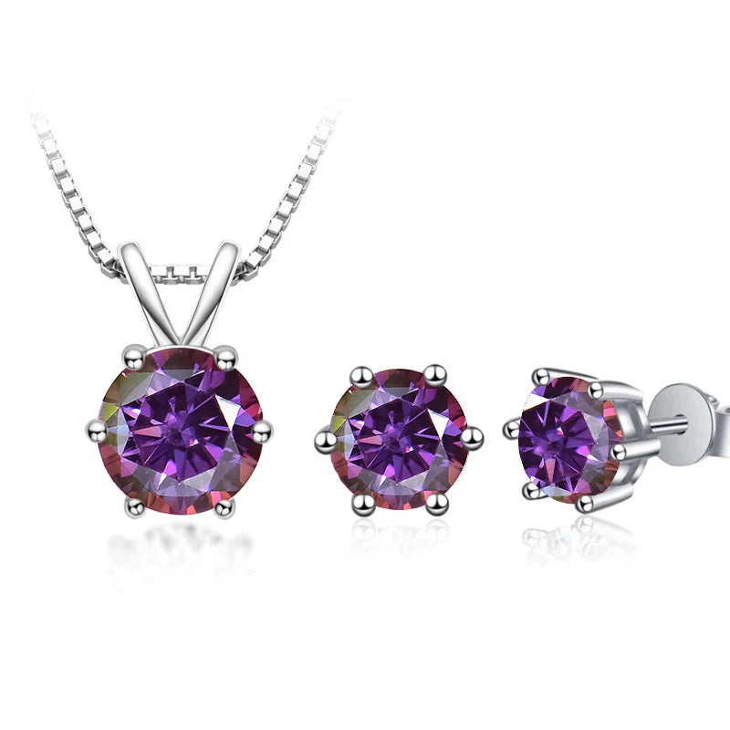 Round Moissanite Necklace & Stud Earring Set in Silver - Purplish red set