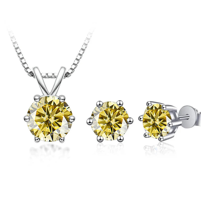 Round Moissanite Necklace & Stud Earring Set in Silver - Lemon yellow set