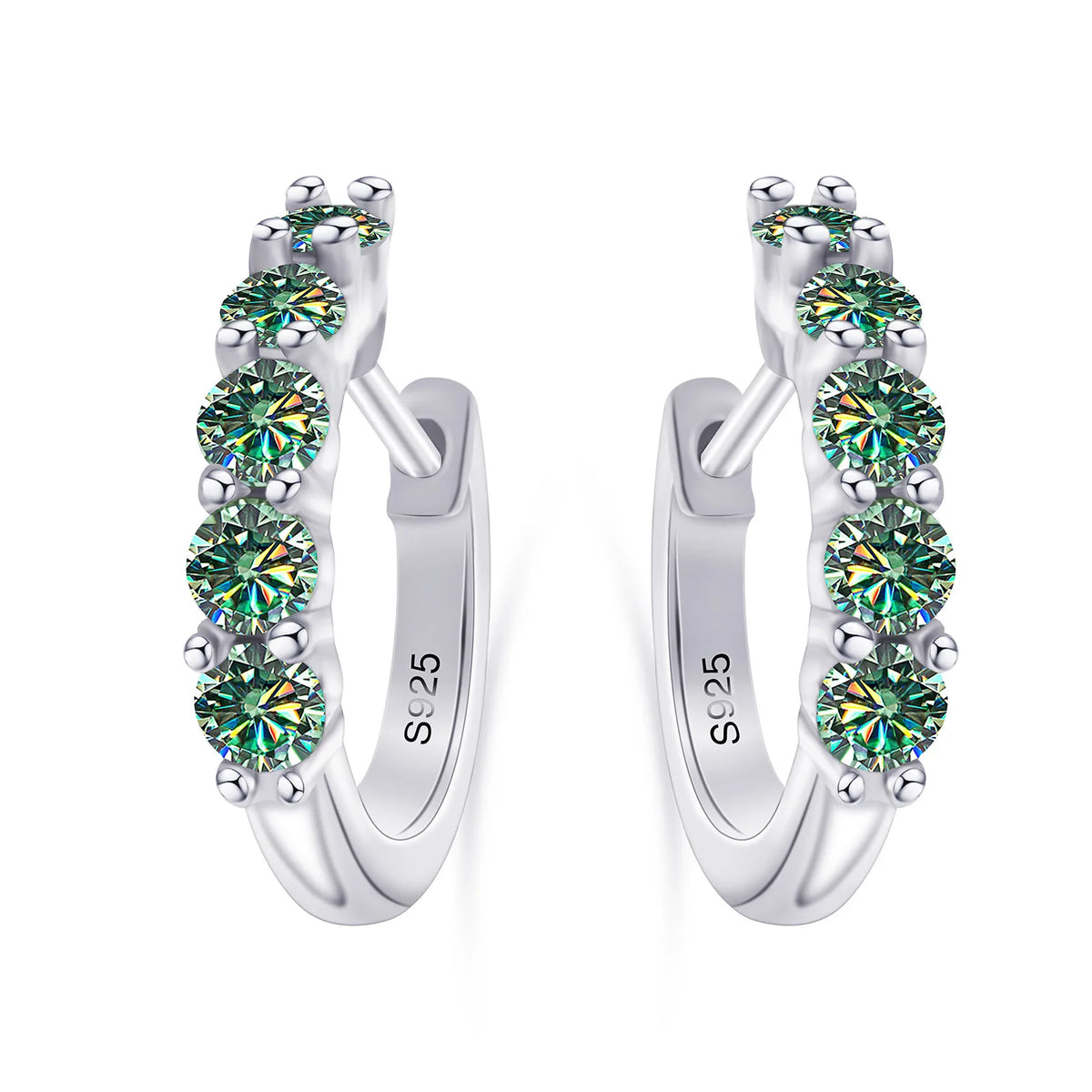Colored Five-Stone Moissanite Hoop Earrings in Silver — Blue green hoop pair
