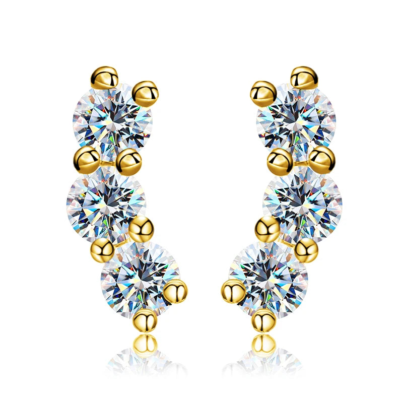 Three-Stone Moissanite Curved Stud Earrings in Sterling Silver — Gold-tone design example