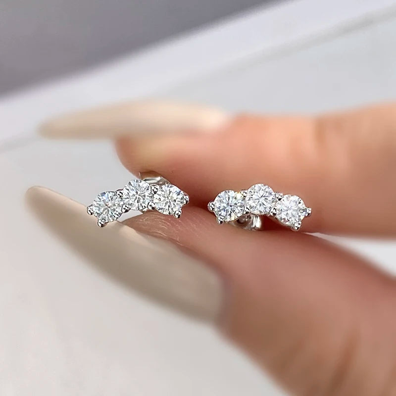 Three-Stone Moissanite Curved Stud Earrings in Sterling Silver — Silver pair