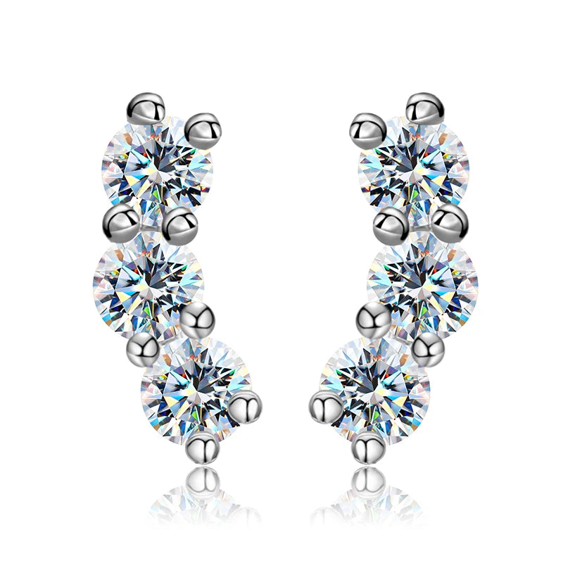 Three-Stone Moissanite Curved Stud Earrings in Sterling Silver — Three-stone fronts
