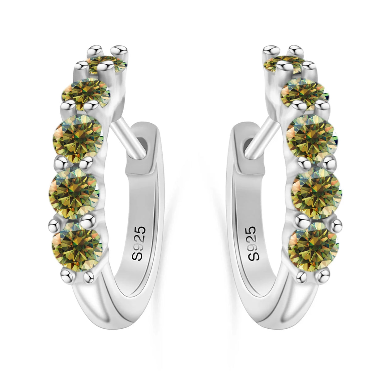 Colorful Five-Stone Moissanite Hoop Earrings in Sterling Silver — Yellow-Green