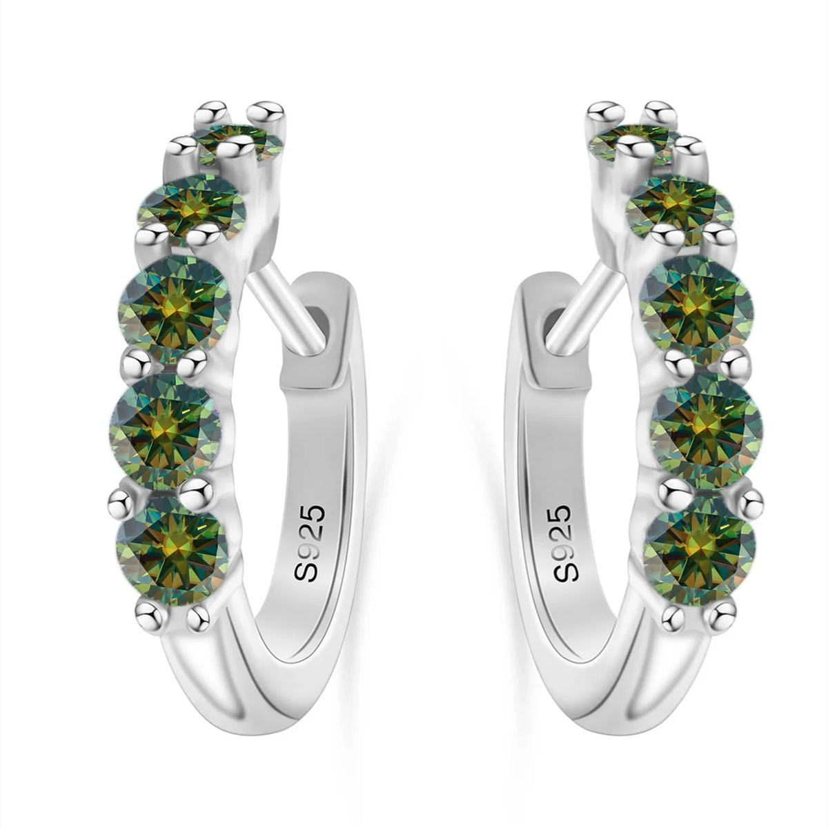 Colorful Five-Stone Moissanite Hoop Earrings in Sterling Silver — Dark Green