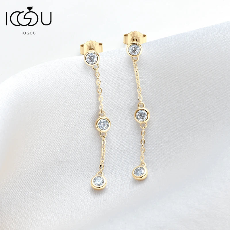 Three-Stone Bezel Moissanite Chain Drop Earrings in Silver — Gold-tone pair