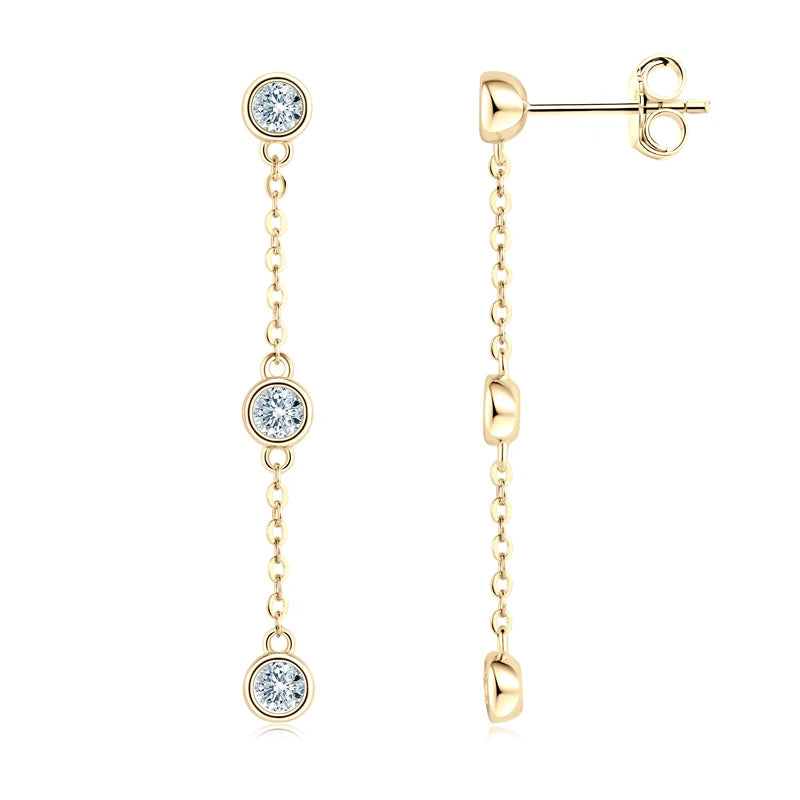 Three-Stone Bezel Moissanite Chain Drop Earrings in Silver — Gold-tone front and side