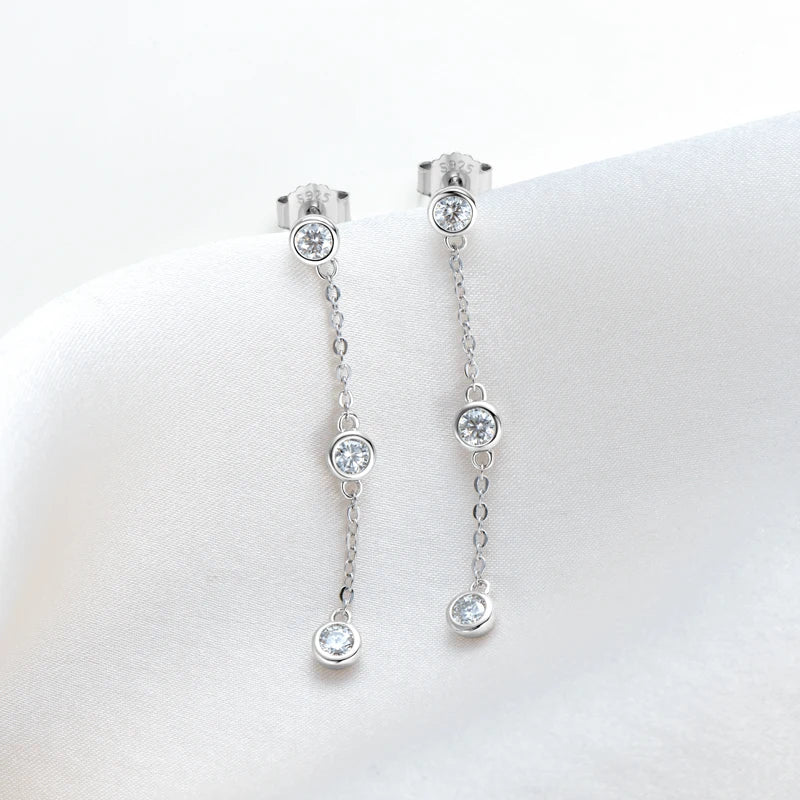 Three-Stone Bezel Moissanite Chain Drop Earrings in Silver — Silver pair