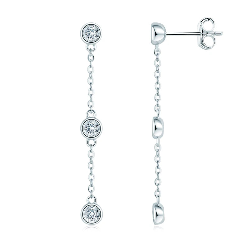 Three-Stone Bezel Moissanite Chain Drop Earrings in Silver — Silver front and side