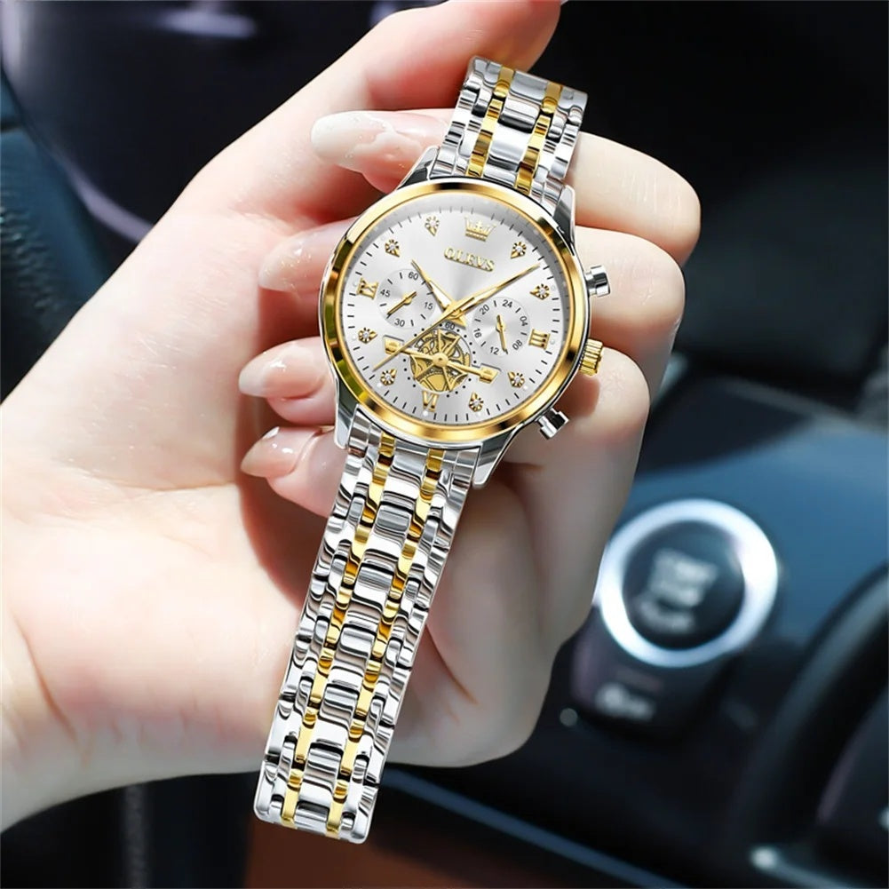 Women's Multifunction Steel Quartz Bracelet Watch — Two Tone / White Dial — BandsCo Straps