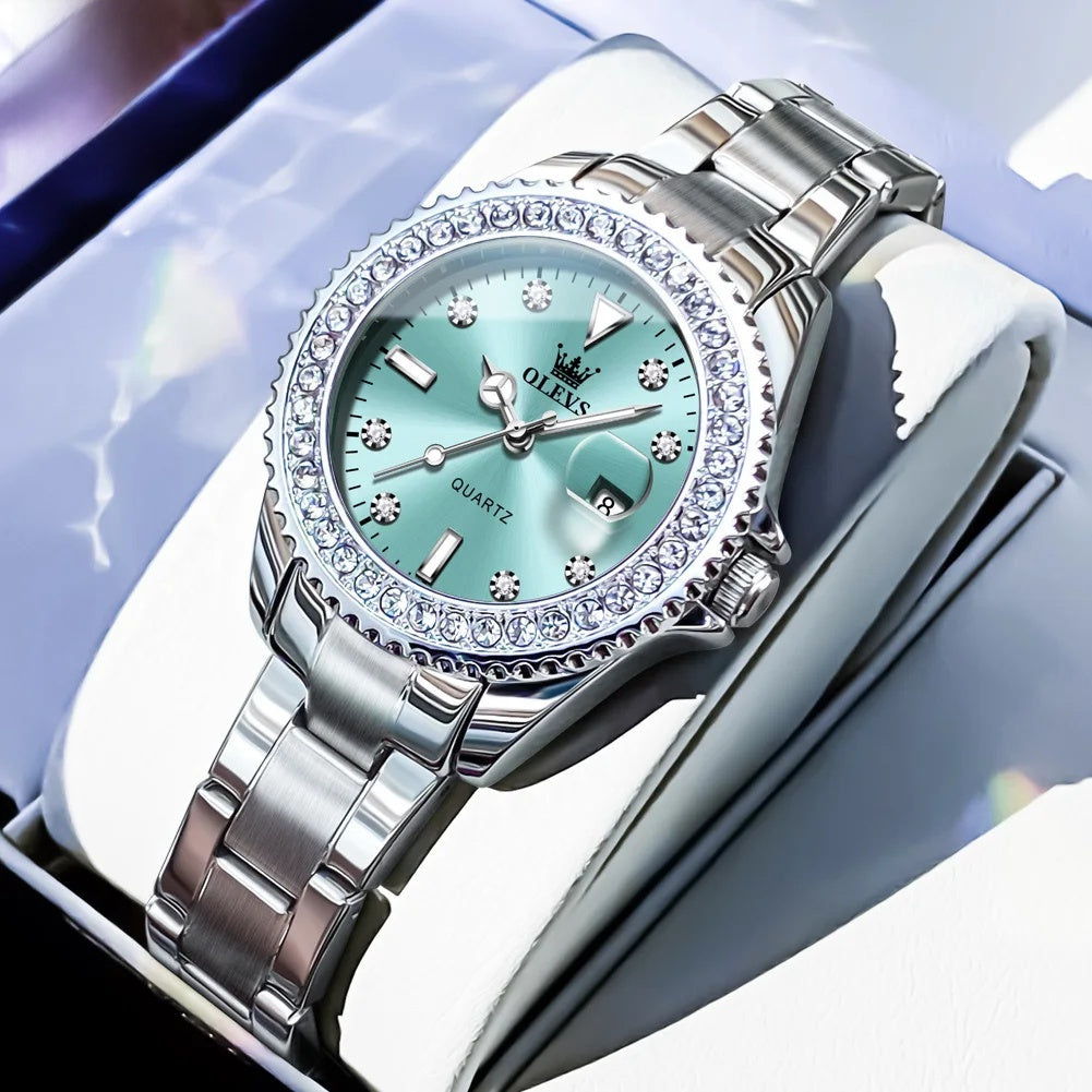 Women's Crystal Bezel Quartz Date Watch — Silver Bracelet / Cyan Dial — BandsCo Straps