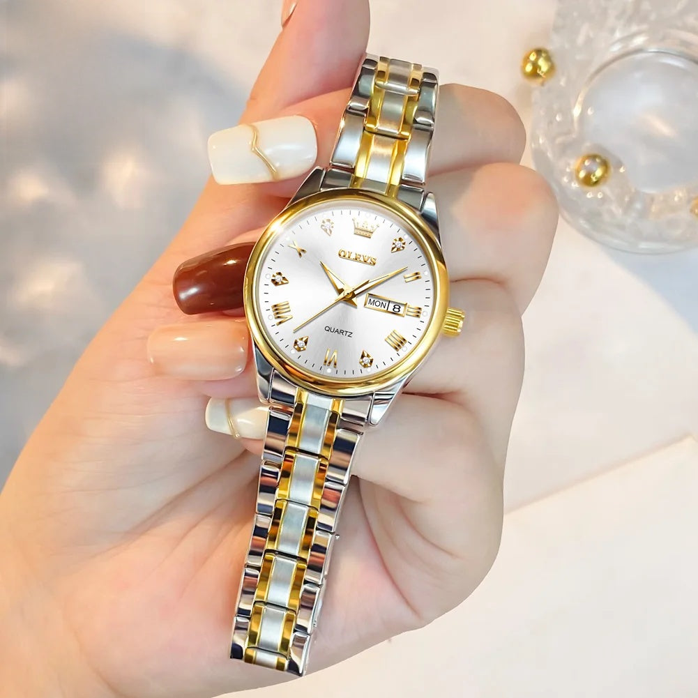 Women's 29mm Day-Date Stainless Steel Quartz Watch — Two-tone white dial watch held in hand