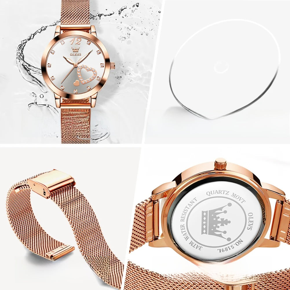 Women's Crystal Heart Mesh Quartz Watch — Mesh bracelet and case details — BandsCo Straps