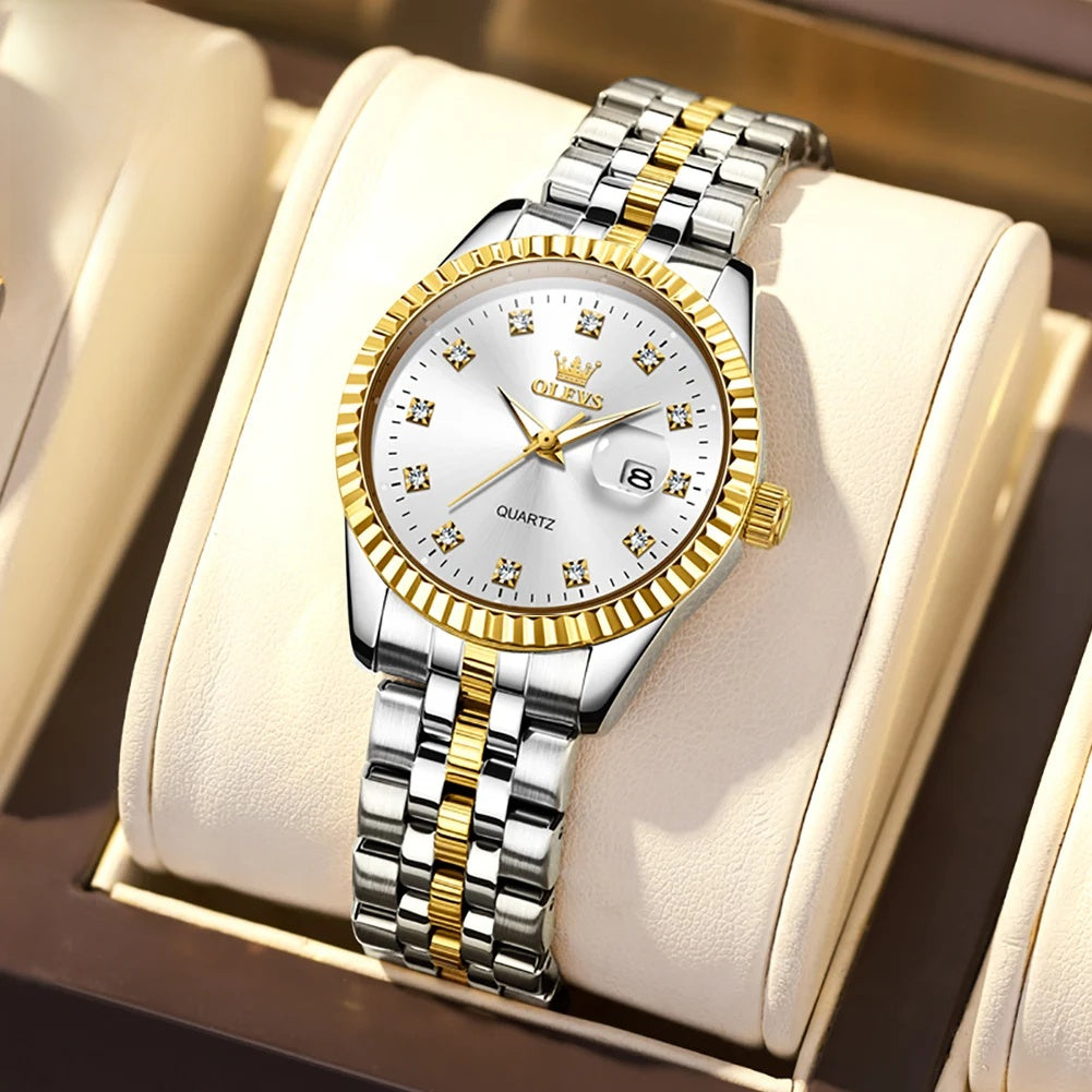 Women's 33mm Fluted Bezel Quartz Date Watch — Silver & Gold Tone / White Dial