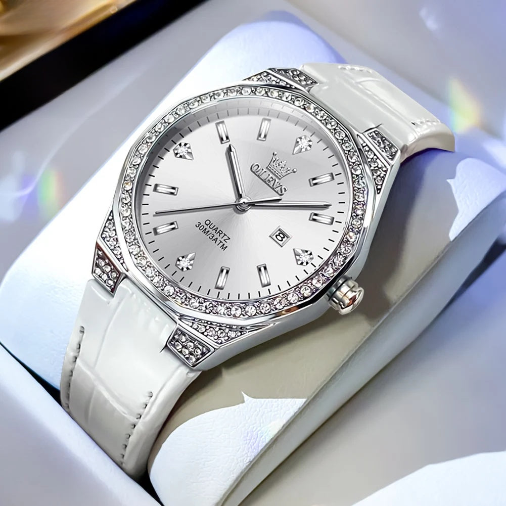Women's Crystal Bezel Leather Quartz Watch — White / White Dial — BandsCo Straps