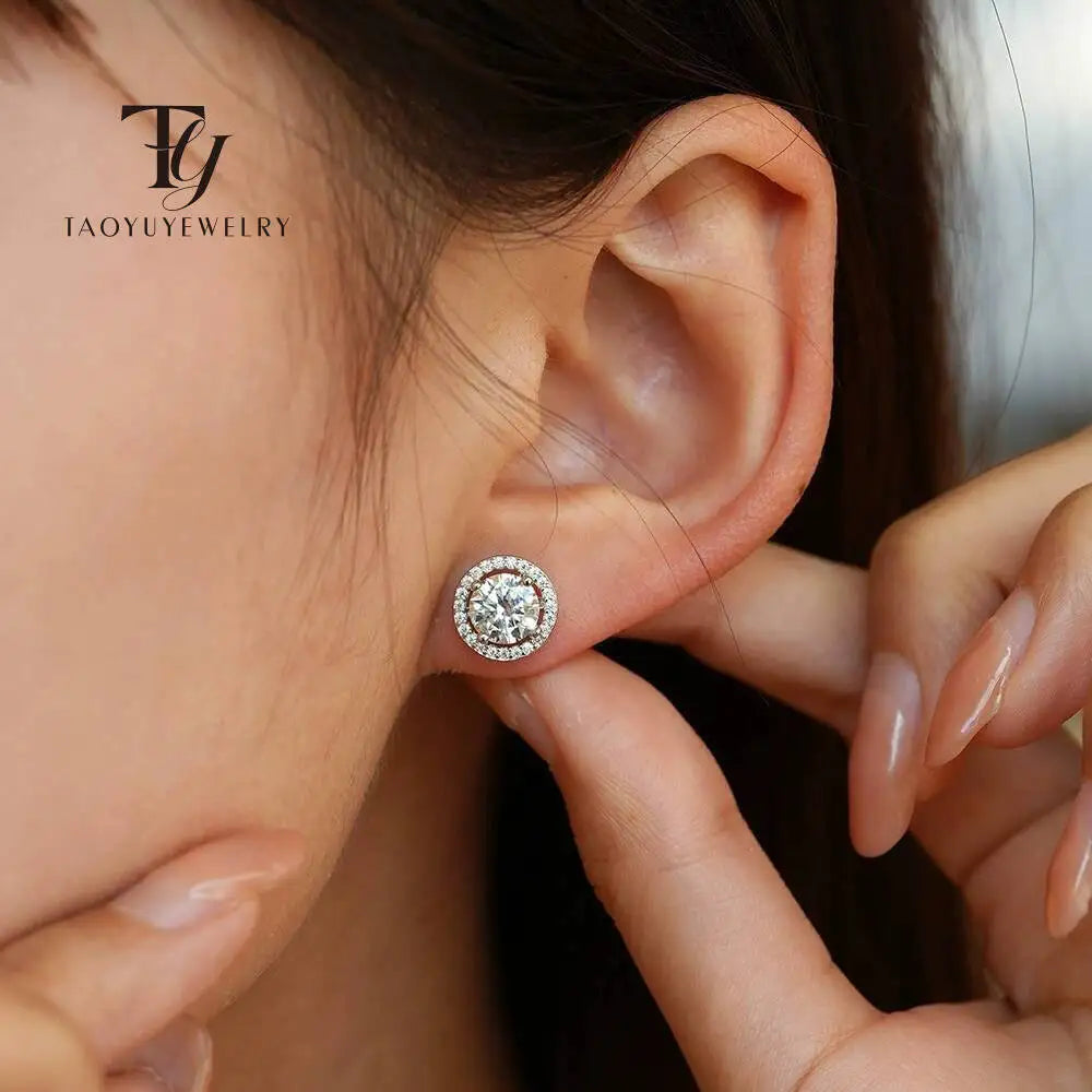 Moissanite Halo Necklace & Earrings with Solitaire Ring Set - Halo stud shown on model