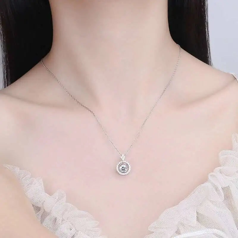 Moissanite Halo Necklace & Earrings with Solitaire Ring Set - Halo pendant necklace on model