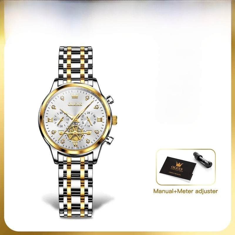 Women's Multifunction Steel Quartz Bracelet Watch — Two-tone white dial watch front view — BandsCo Straps