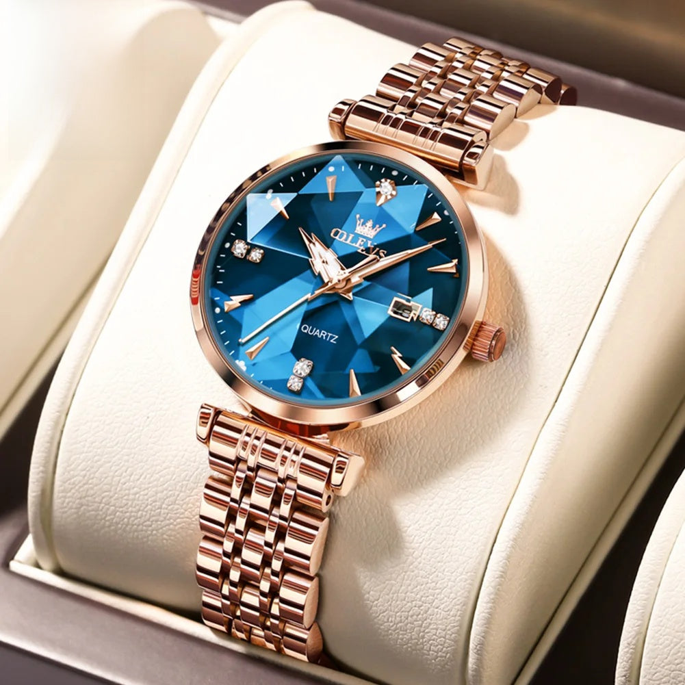 Women's Rose Gold-Tone Faceted Dial Quartz Watch — Rose Gold Tone / Blue Dial