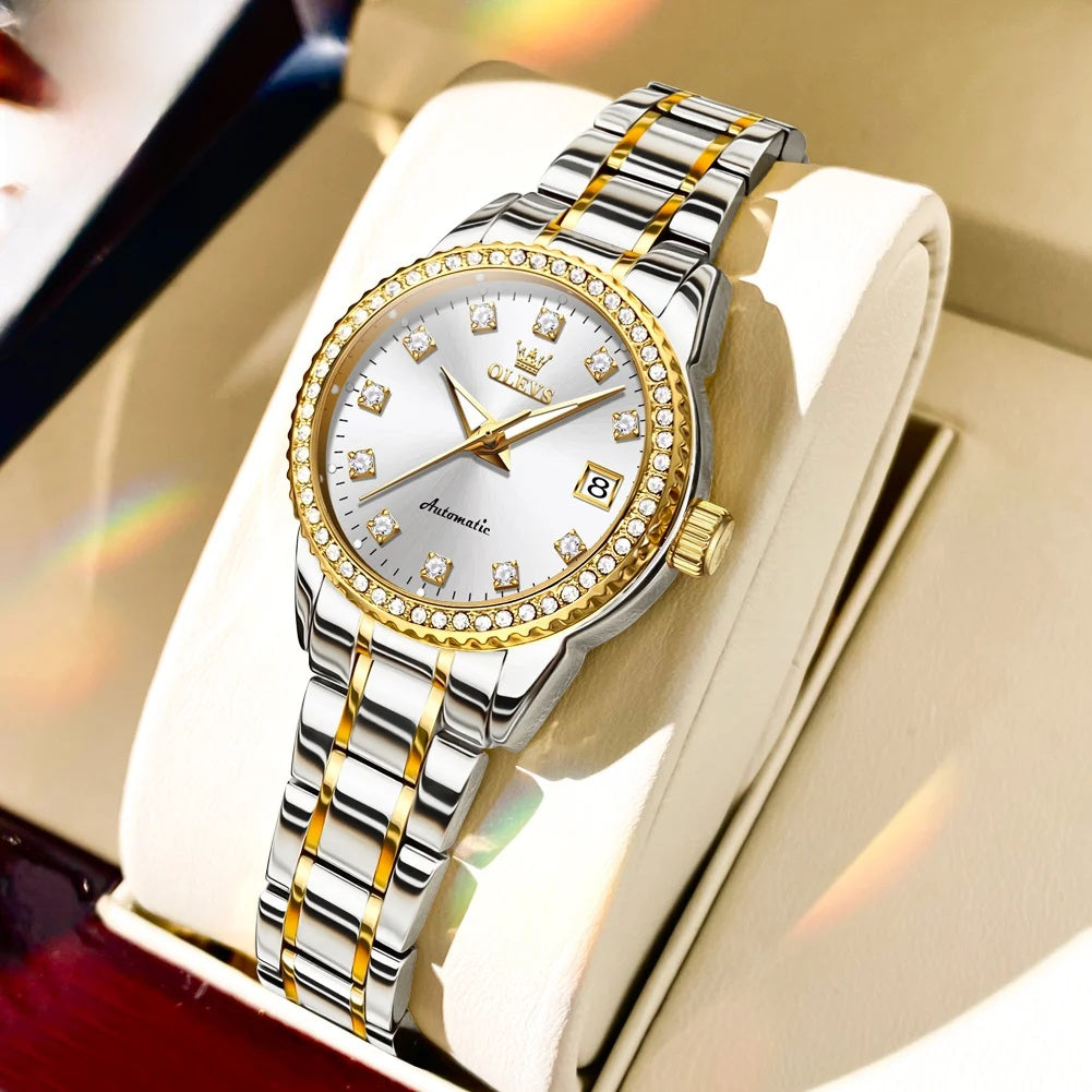 Women's Automatic Crystal Bezel Bracelet Watch — Two Tone / White Dial — BandsCo Straps